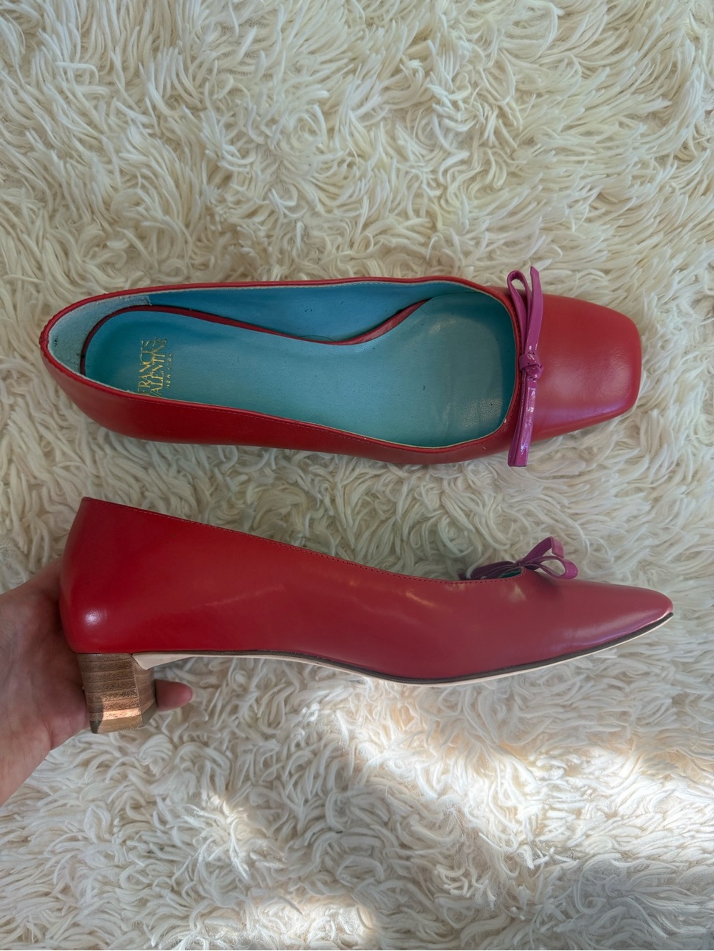 Frances Valentine Leather Bow Block Heel Pumps Pink Red Colorblock Size 7.5B